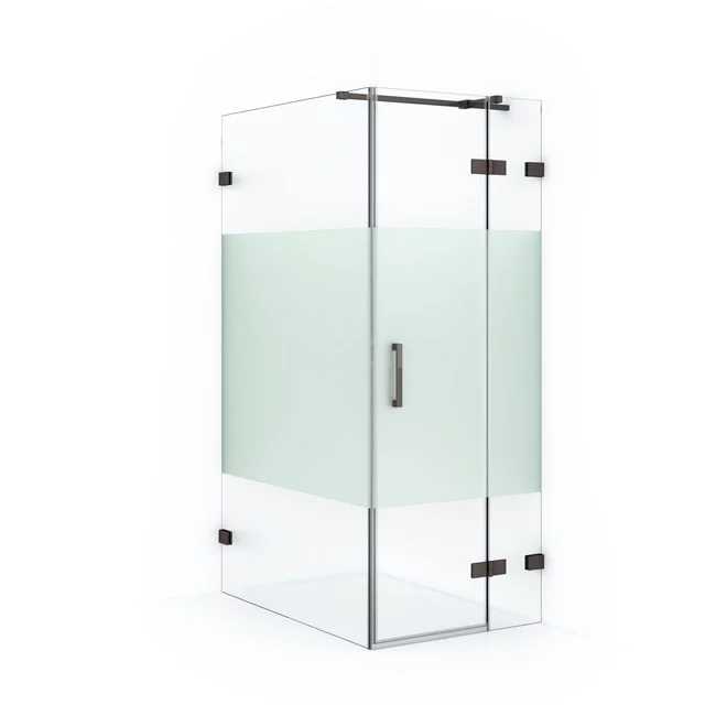 Diamond Shower cabin | 110x80 cm Black metal Clear with matt strip Pivot door Rectangle CDB223511323ZM Corner shower cabin with clear glass and frosted white panel, modern stainless steel hinges, perfect for a stylish bathroom.
