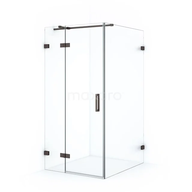 Glass corner shower cabin with door and black metal hinges, compact design for modern bathrooms.