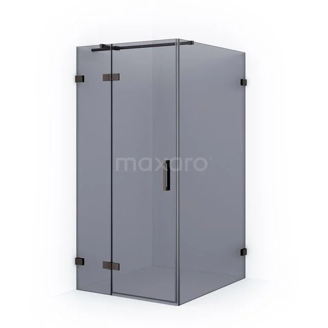 Graue Glas-Duschkabine mit matt schwarzen Scharnieren und Haltegriff, ideal als platzsparende Lösung in modernen Bädern.