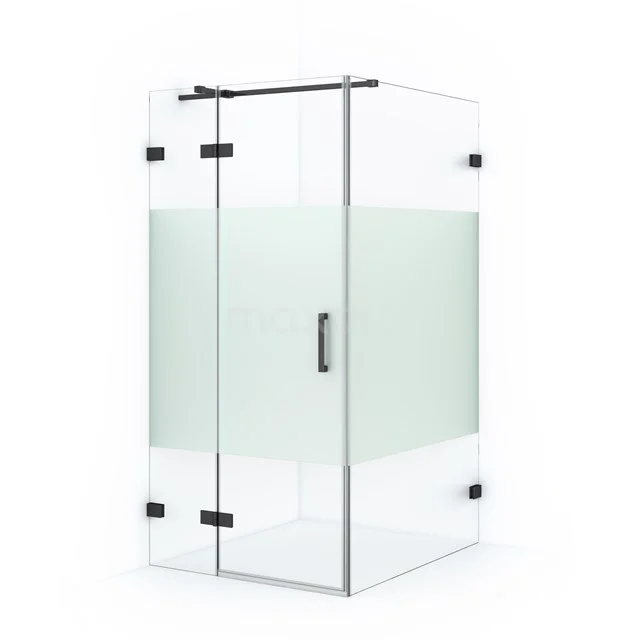 Diamond Shower cabin | 110x90 cm Black chrome Clear with matt strip Pivot door Rectangle CDB214511323BC Shower enclosure with frosted glass strip, angular design, black hinges, ideal for a modern bathroom.