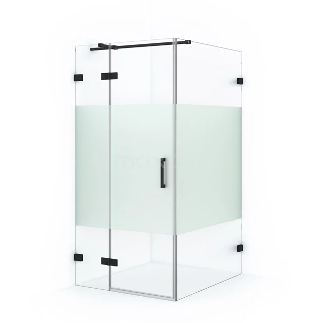 Diamond Shower cabin | 120x100 cm Matte black Clear with matt strip Pivot door Rectangle CDB214612323MB Corner-shaped glass shower enclosure with frosted glass strip and black hinges, perfect for a modern bathroom.