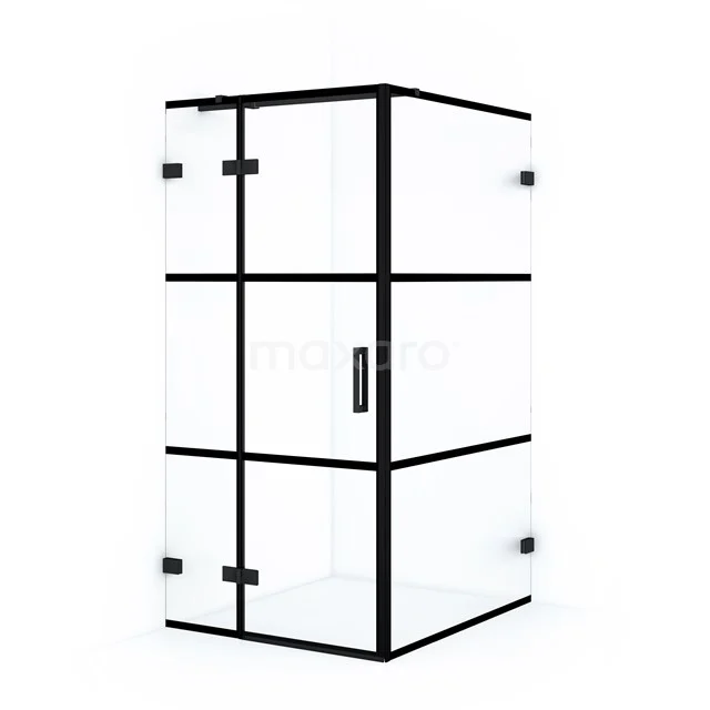 Diamond Duschkabine | 110x90 cm Matt Schwarz Drehtür Rechteck CDB213611328MB Schwarze Eck-Duschkabine mit industriellen Linien, Glaswänden und Metallrahmen; modernes Badezimmerdesign.