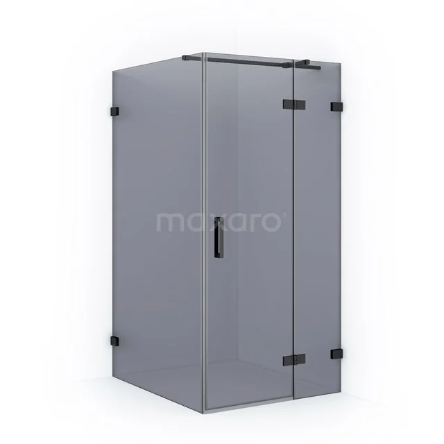 Grey glass shower enclosure with matte black accents, modern design, perfect for stylish bathroom design.