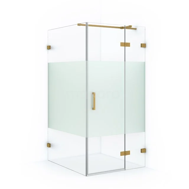 Shower enclosure with frosted glass panel, brass accents and sleek design, ideal as a luxury addition for the modern bathroom.