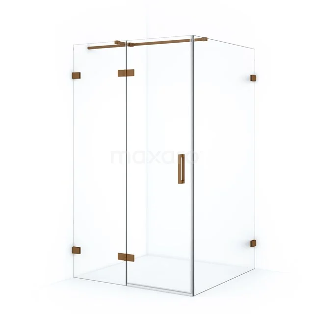 Glass shower enclosure with brass accents, square shape, ideal for modern bathroom style, durable and elegant design.