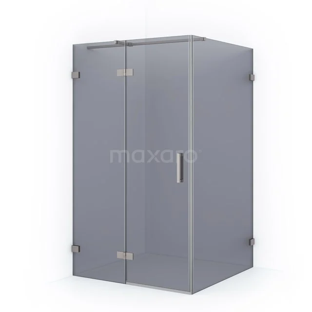 Graue Glas-Duschkabine mit Eck-Einstieg, modernes Design und Aluminium-Details, ideal für ein stilvolles Badezimmer.