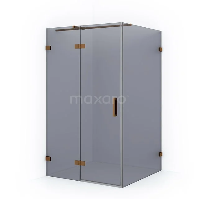 Grey glass shower enclosure with bronze accents, modern bathroom solution, corner design with sleek metal handle.