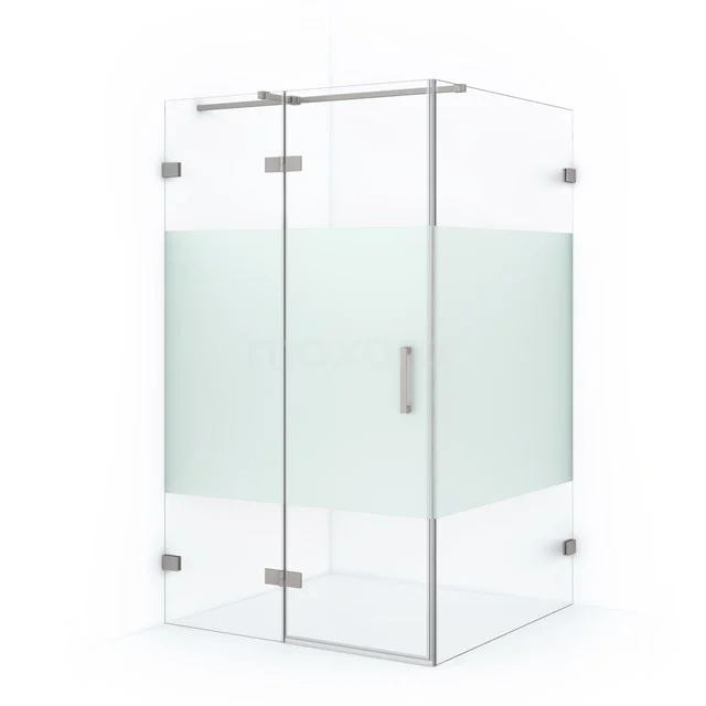 Shower enclosure with corner step, frosted glass panel, stainless steel hinges; modern bathroom style.
