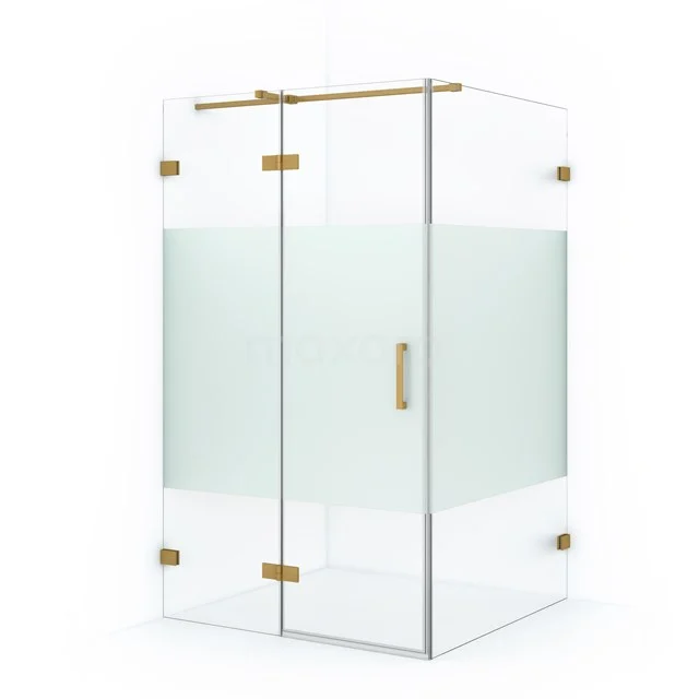 Shower enclosure in frosted glass with gold accents, ideal for modern bathrooms.