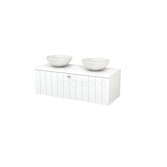Modulo+ Plato Vanity units for countertop basin | 120 cm Matte white Slat front Matte white worktop 1 drawer BMK001480 White bathroom unit with double countertop wash basins, modern design, horizontal groove details and solid finish.