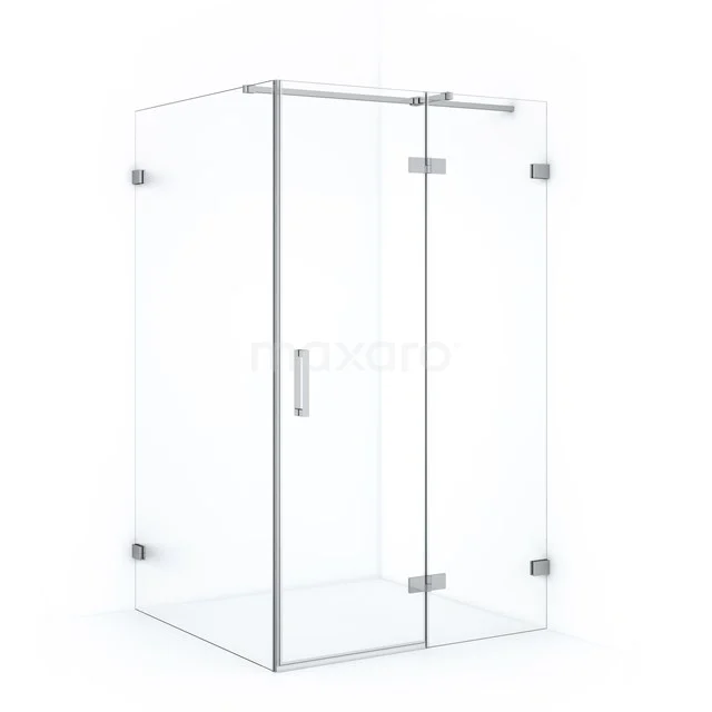 Corner shower enclosure with clear glass and stainless steel hinges, ideal as a stylish bathroom solution.