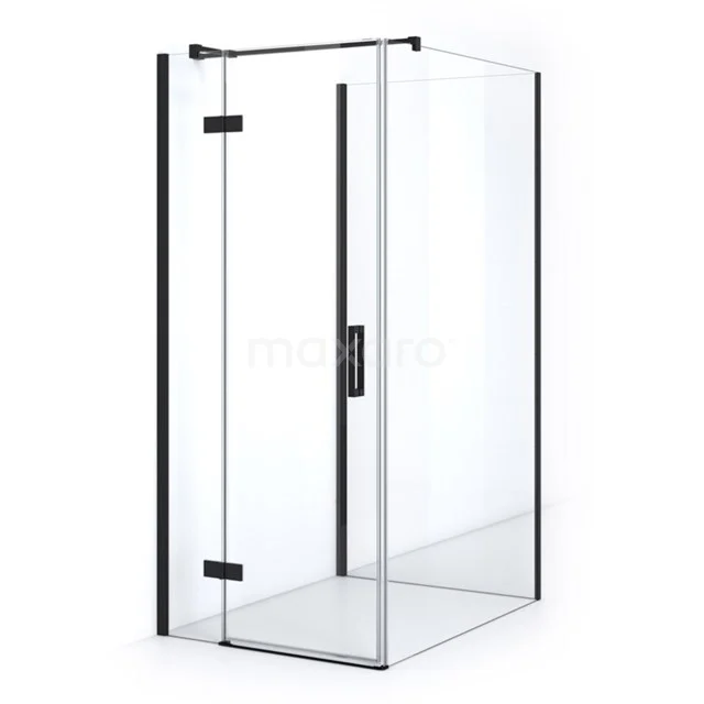 Pearl Shower enclosure | 110x80 cm Matte black Clear glass Pivot door Rectangle CPHV-081153310M Shower enclosure with black frame, corner step, glass partitions and door; stylish design for modern bathrooms.