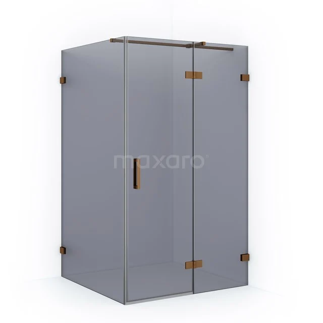 Grey corner shower cabin with frosted glass panels and black accents, ideal for a modern bathroom design.