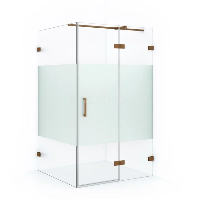 Shower enclosure with glass panels, frosted white centrepiece, brass hinges and Handle; stylish and modern bathroom design.