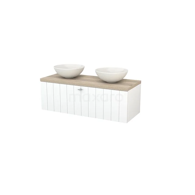 White wooden bathroom unit with double basin worktop and ceramic bowls, country style for atmospheric bathrooms.