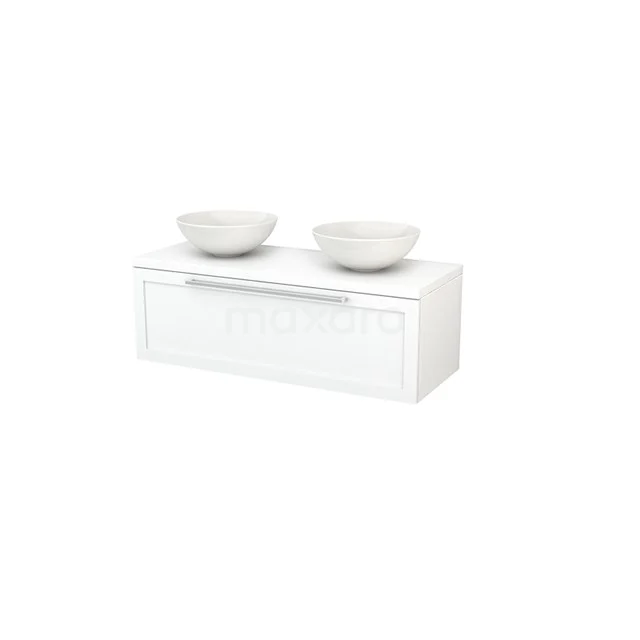Modulo+ Plato Vanity units for countertop basin | 120 cm Matte white Frame front Matte white worktop 1 drawer BMK001486 White vanity set with double sinks, modern design, soft-close drawers, ideal for a stylish bathroom.