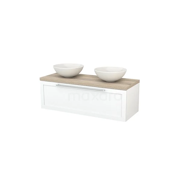 Modulo+ Plato Vanity units for countertop basin | 120 cm Matte white Frame front Oak worktop 1 drawer BMK001489 White bathroom unit with wood-look worktop, double vanity units for countertop wash basins and modern look; ideal for stylish bathrooms.