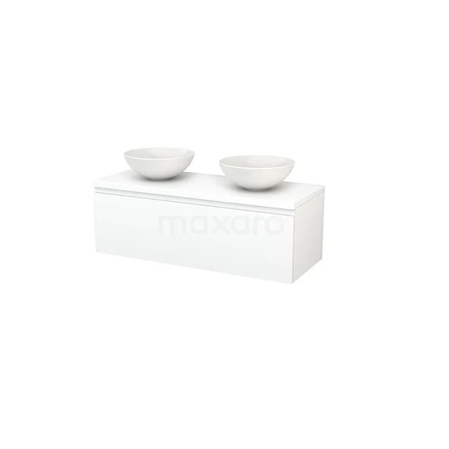 White bathroom unit with two ceramic countertop wash basins, clean modern look, perfect for a stylish bathroom.