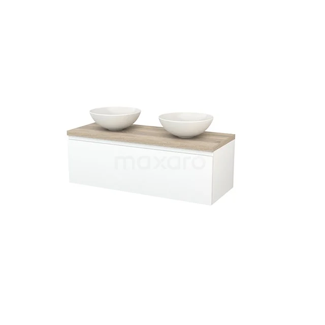 White floating bathroom unit with wood-look worktop and two round basins, ideal for modern bathroom design.
