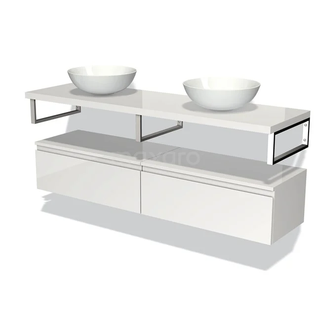 White, modern bathroom unit with double countertop wash basin, floating shelf and storage drawers, sleek design for a luxurious bathroom.