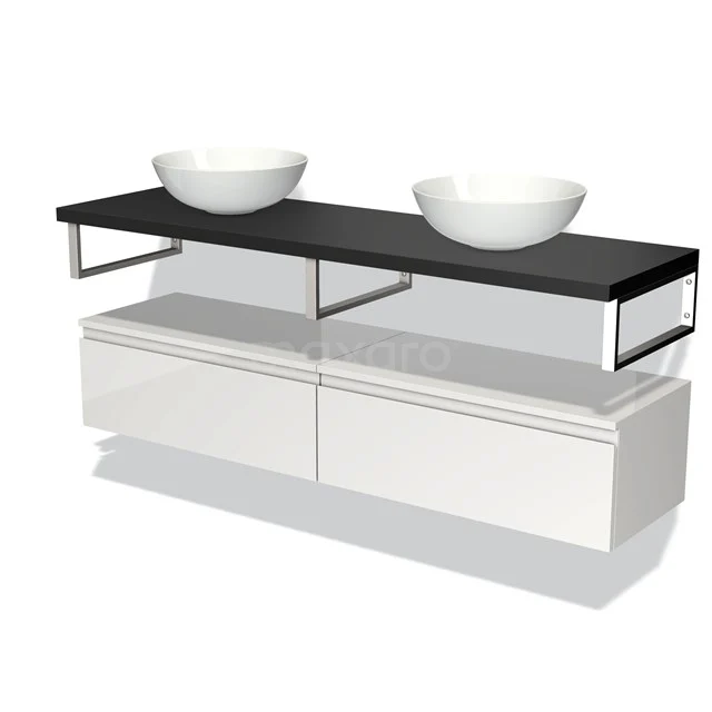 Modern white bathroom furniture set with black top and two ceramic countertop wash basins, sleek design with convenient storage space.