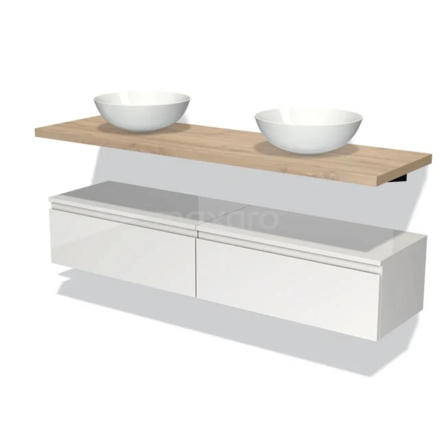 Badmöbelset mit weißen doppelten Schubladen, natürlichem Holzplatte und zwei runden Aufsatz-Waschbecken, modernes und elegantes Design.