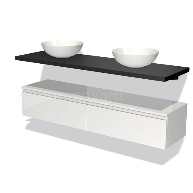 Weiße Badmöbelset mit schwarzer Platte, doppelten Aufsatzwaschbecken und modernem Design, perfekt für ein stilvolles Badezimmer.