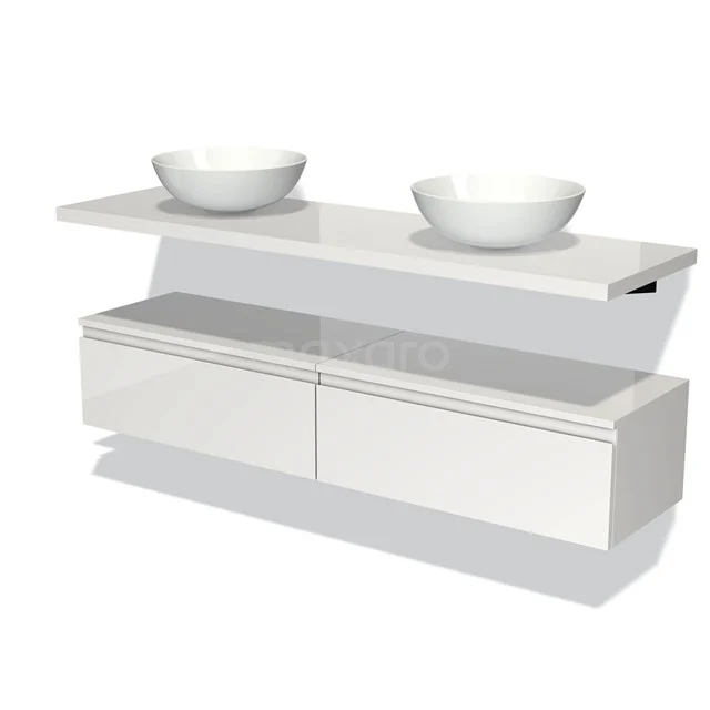 Modulo Plato Badmöbel mit Aufsatzwaschbecken | 160 cm Hochglanz Weiß Grifflos front Hochglanz Weiß blatt Tief hängend BMK32-00128 Doppelte weiße Waschtischset mit modernem Design, schwebendes Modell, perfekt für eine stilvolle Badezimmergestaltung.