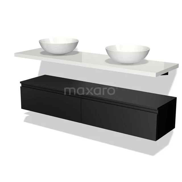 Schwarzes schwebendes Badmöbelset mit zwei weißen Aufsatzwaschbecken, moderner minimalistischer Stil, aus hochwertigem Material gefertigt.