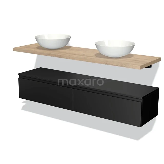 Black floating bathroom cabinet with wooden worktop and double white countertop wash basins, modern design for a stylish bathroom.
