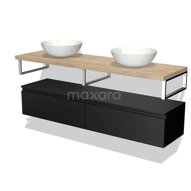 Black and white bathroom unit with wooden worktop, two round bowls and black metal frame; modern design, ideal for a stylish bathroom.