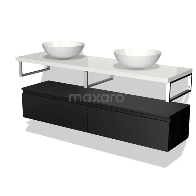 Black bathroom furniture set with double white basins, sleek design, ideal for a modern bathroom.