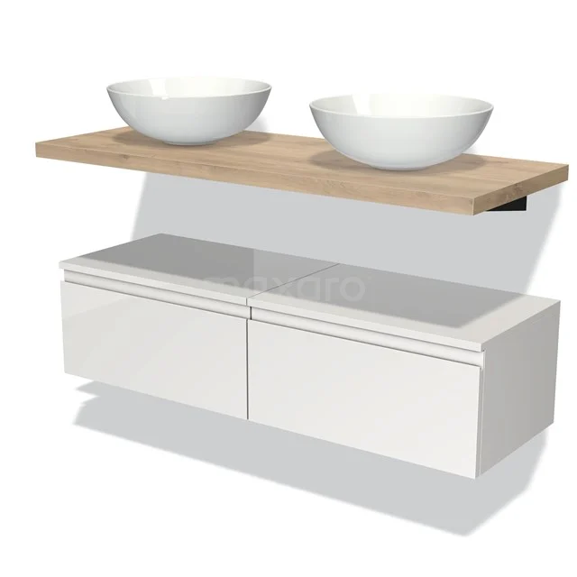 Modern bathroom unit with floating white drawers, wooden shelf and two round white vanity units with basin for a stylish bathroom.
