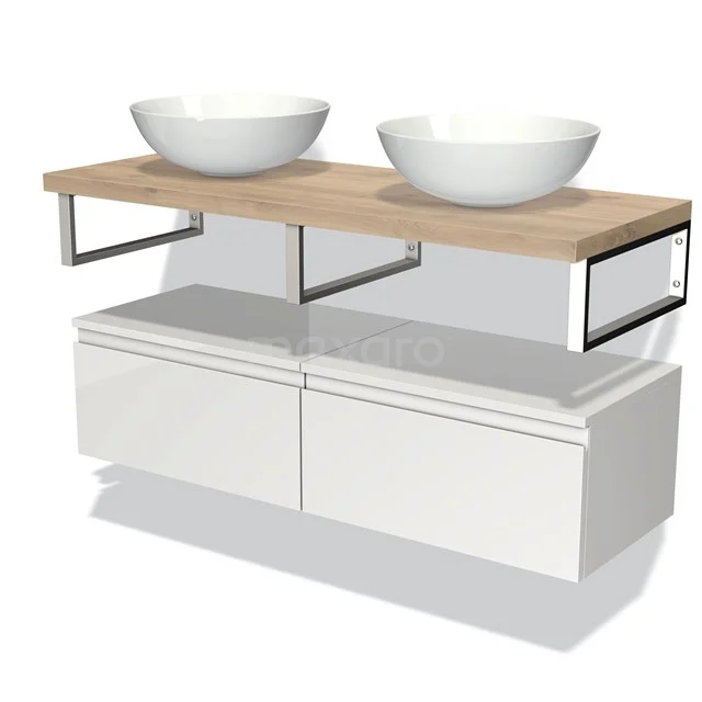 Badmöbel für Aufsatzwaschbecken 120 cm Modulo Plato Hochglanz Weiß 2 Schubladen Grifflos Hellbraune Eiche Platte BMK32-00117 Weißes Badezimmermöbel mit zwei runden Aufsatzwaschbecken, Holzplatte und Metallstützen, modernes Design für stilvolle Bäder.