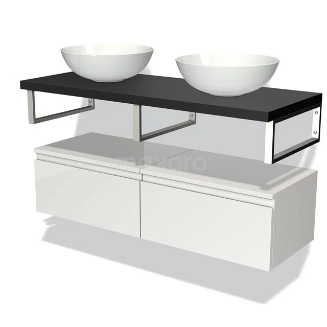 Doppelwaschbeckenmöbelset mit weißen keramischen Aufsatzwaschbecken, schwarzer Holzplatte und Chromstützen; modernes Badezimmerdesign.