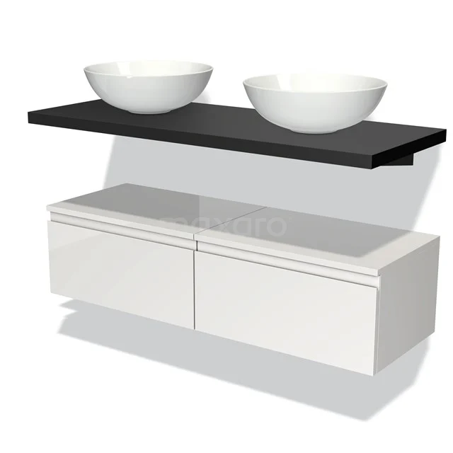 White modern bathroom unit with double round countertop wash basin, black shelf and glossy drawer fronts. Ideal for stylish bathrooms.