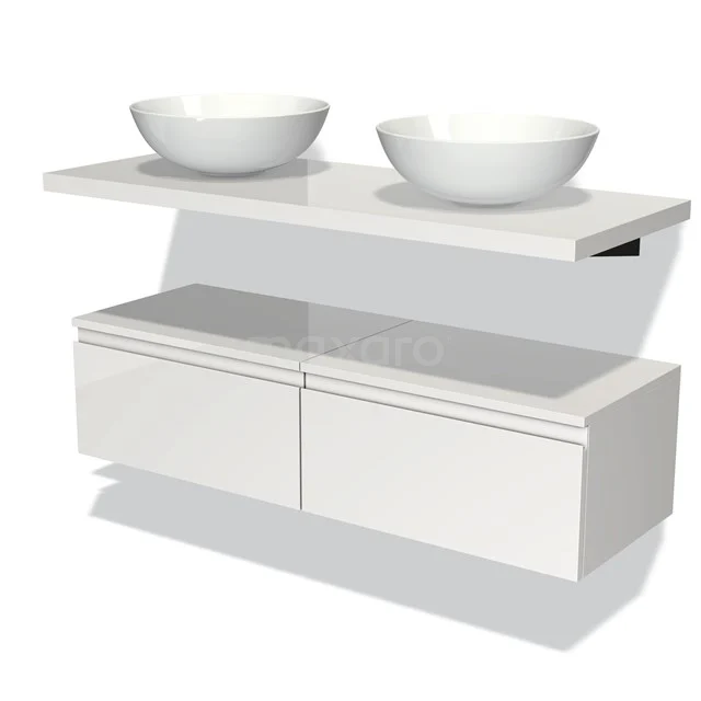 Waschtischunterschrank mit Konsole 120 cm Modulo Plato Hochglanz Weiß 2 Schubladen Grifflos BMK32-00098 Weißes Badezimmermöbel mit doppelten Aufsatzwaschbecken, modernes Design, glänzende Oberfläche, ideal für einen klaren Badezimmerstil.