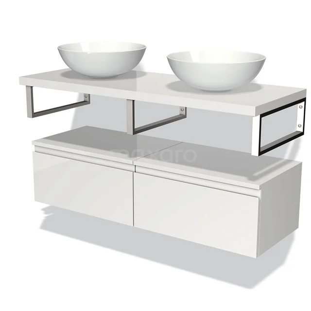 White bathroom furniture set with two round countertop wash basins, minimalist design and storage drawers, ideal for a modern bathroom.