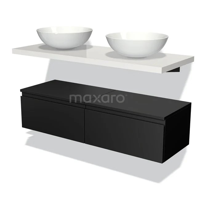 Black floating bathroom furniture set with matte white countertop wash basins, modern design and clean lines, ideal for stylish bathrooms.