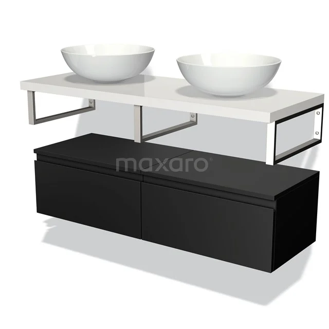 Black bathroom furniture set with white double basin, sleek design and metal accents, ideal for modern bathrooms.