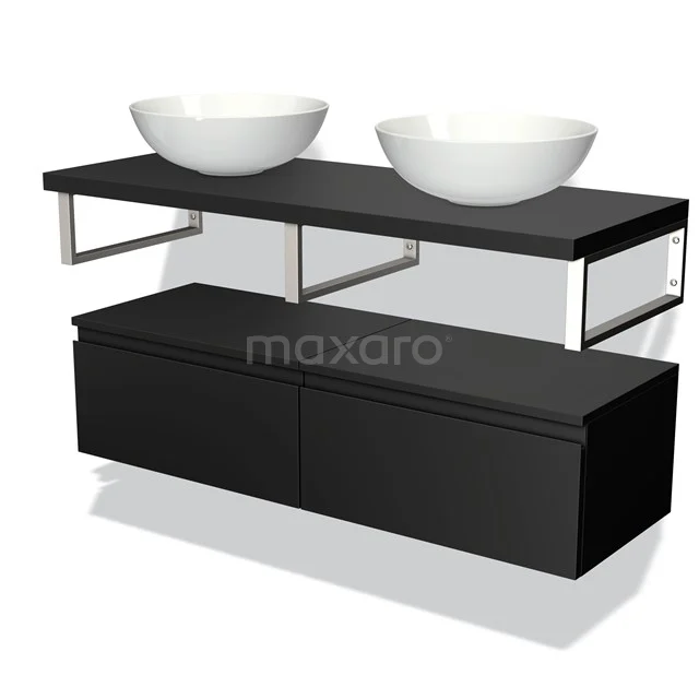 Black double vanity unit with matte plastic finish, minimalist design and two round white basin bowls.