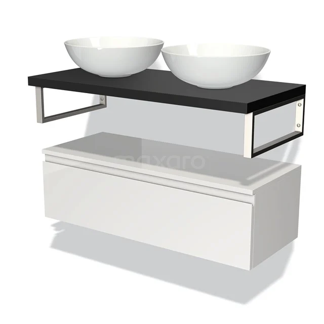 Weißes Badezimmermöbel mit schwarzer Platte, zwei runden Aufsatzwaschbecken und metallischen Akzenten; stilvolles und modernes Design.