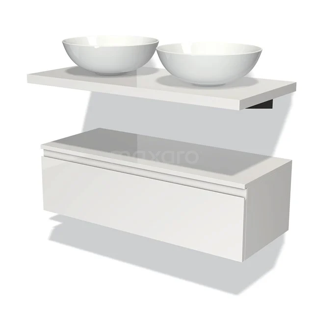 Weißes Badezimmermöbel mit doppelten runden Aufsatzwaschbecken, schwebendes Design, moderner Stil, aus hochwertigem Material gefertigt.