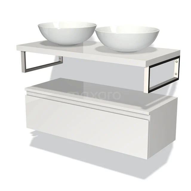 Weißes Badezimmermöbel mit Doppelwaschbecken, minimalistisches Design, schwebendes Modell mit Schubladen und moderner Verarbeitung.