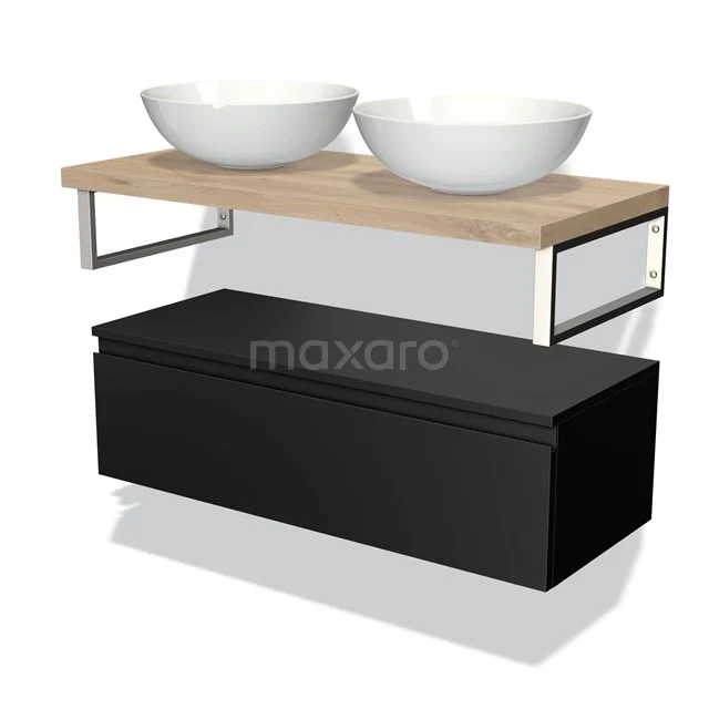 Modern black and white bathroom unit with double vanity units for countertop wash basin, wooden worktop and sleek details for a stylish bathroom look.