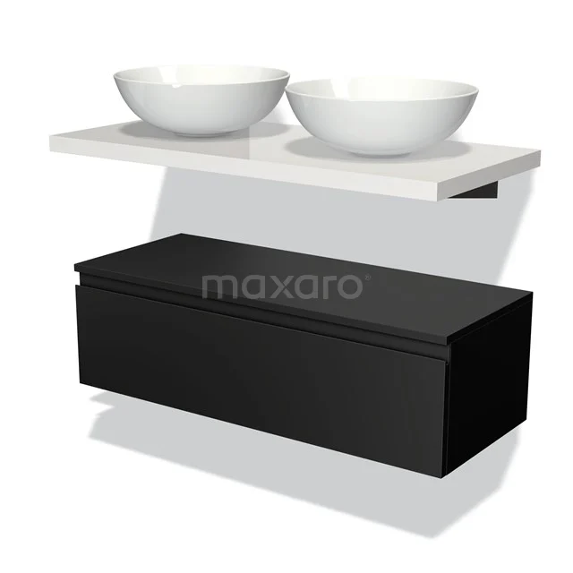 Black suspended bathroom unit with white double basin, sleek design and matte surface, perfect for modern bathrooms.