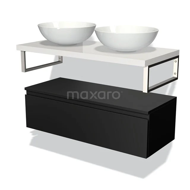 Black bathroom furniture set with white double countertop wash basin, modern design, clean lines, ideal for stylish bathroom decor.