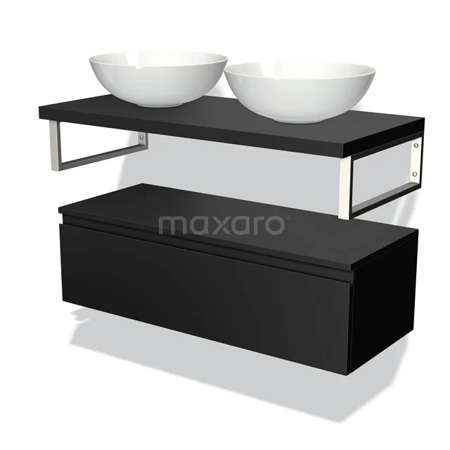 Black double basin set with black metal frame, white round bowls and storage drawer, perfect for modern bathroom decor.