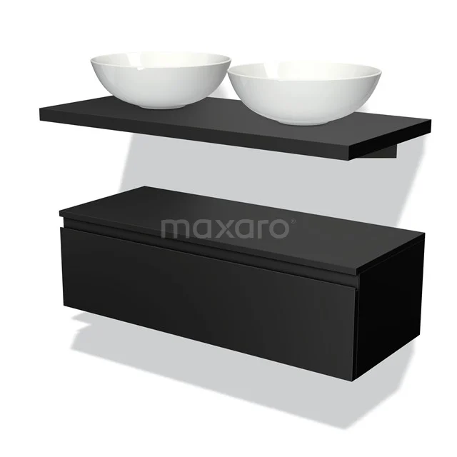 Black bathroom unit with double white vanity units for countertop wash basins, sleek design, wall-mounted, ideal for modern bathrooms.
