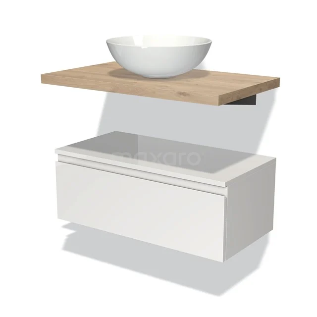 White bathroom furniture set with hanging drawers, oak shelf and round white countertop wash basin; modern and compact design.